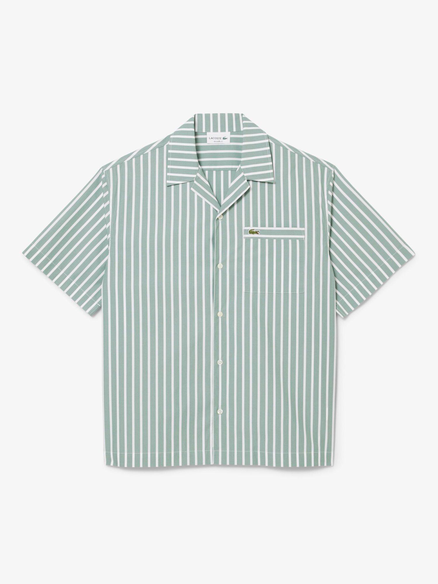 Product image 1 of 4, which shows Lacoste Core Essential Woven Cotton Stripe Short Sleeve Shirt, Spruce/White, XXL