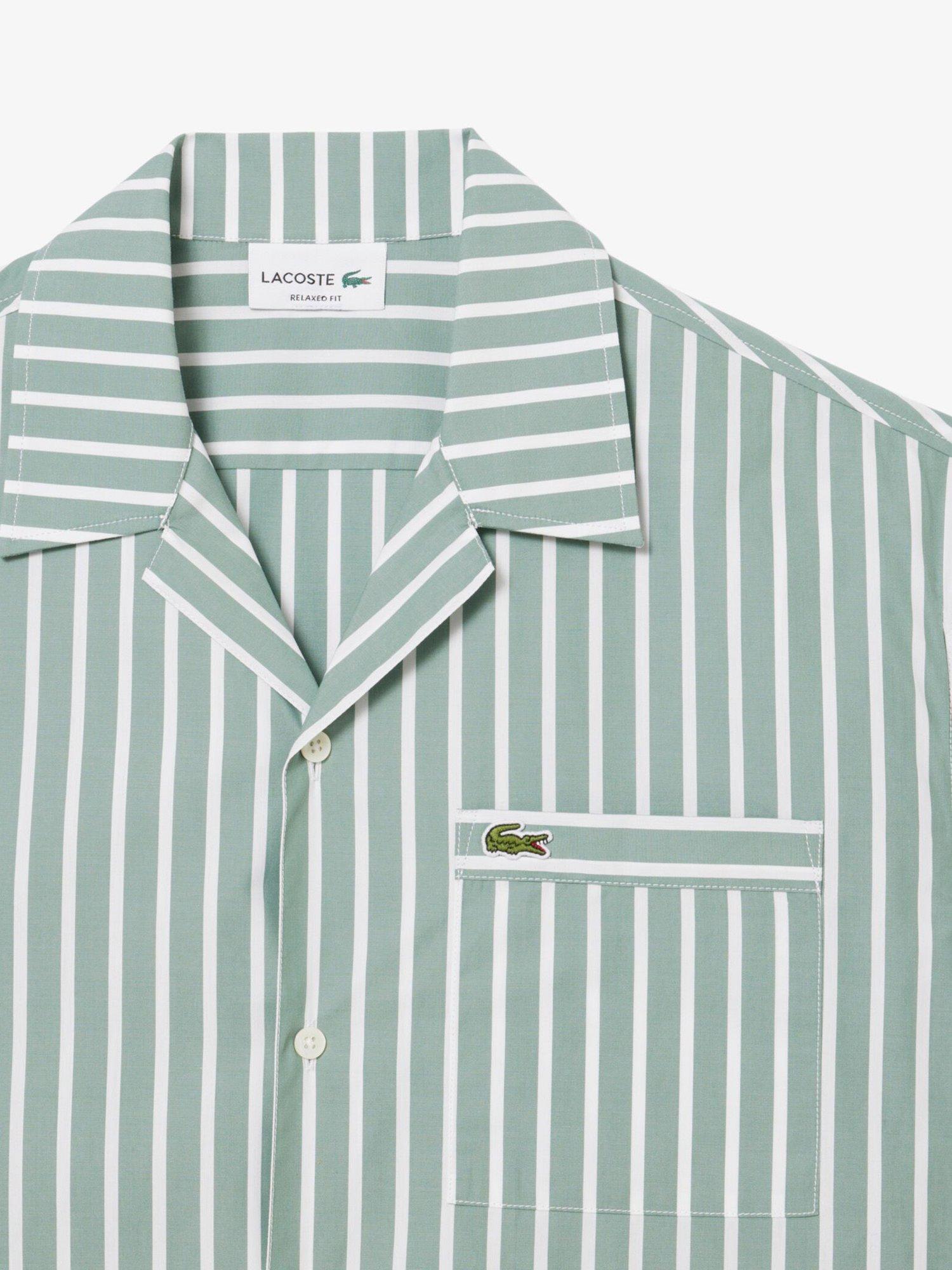 Product image 2 of 4, which shows Lacoste Core Essential Woven Cotton Stripe Short Sleeve Shirt, Spruce/White, XXL