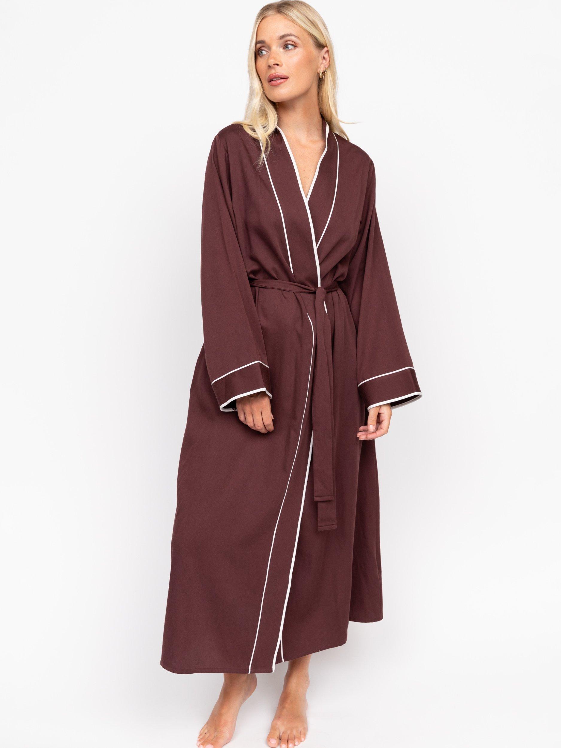 Product image 1 of 4, which shows Fable & Eve Battersea Long Dressing Gown, Chocolate Brown, 8