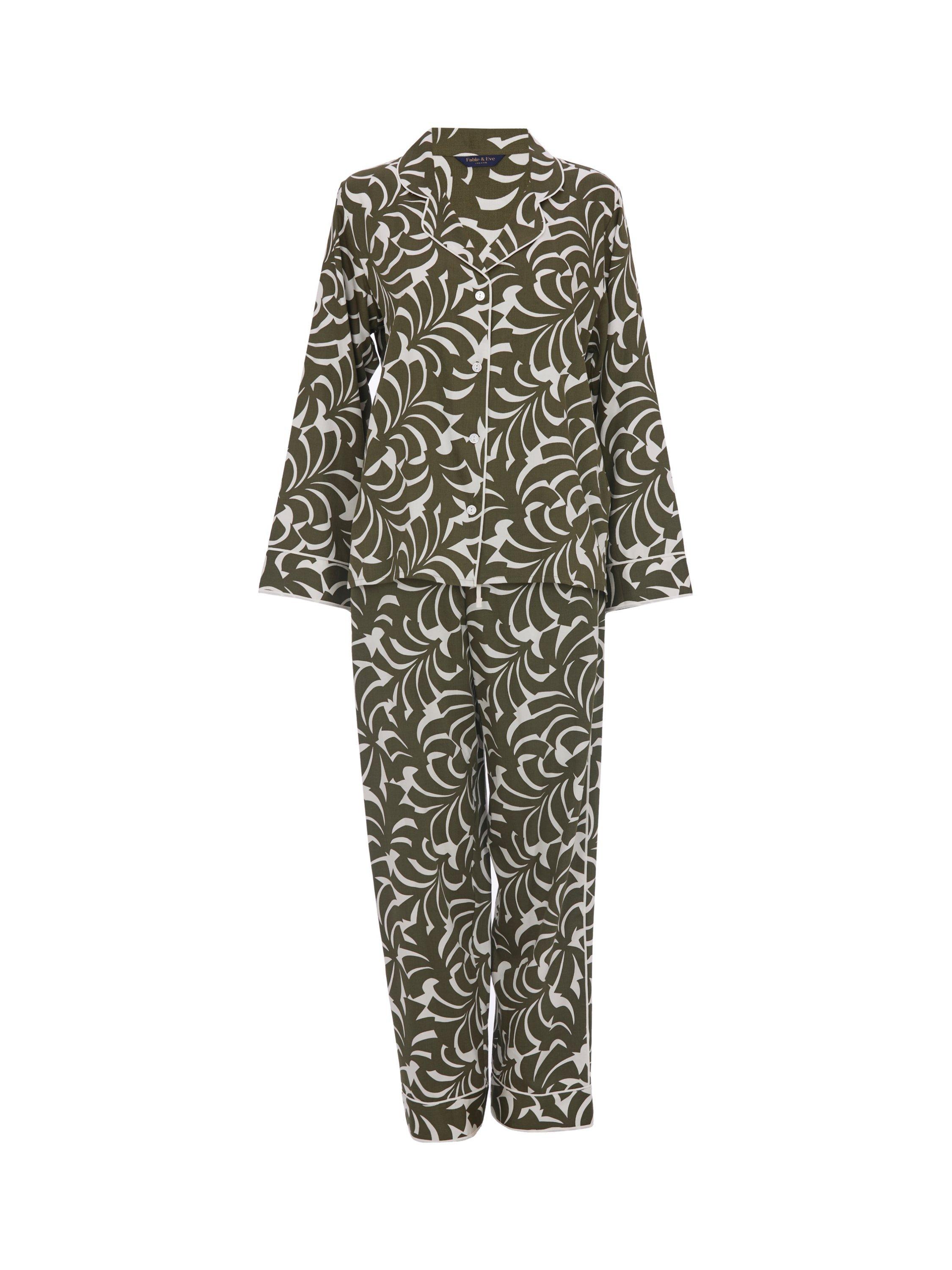Product image 4 of 4, which shows Fable & Eve Chiswick Palm Print Long Pyjama Set, Green, 8