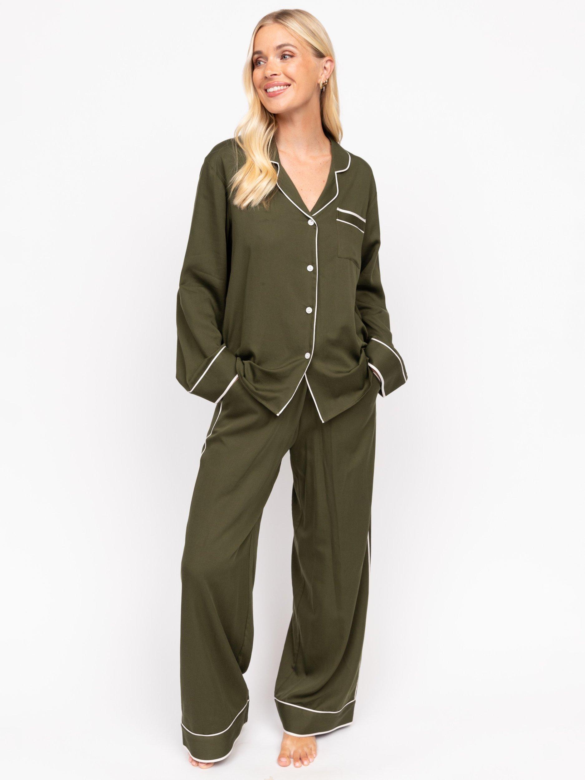 Product image 1 of 4, which shows Fable & Eve Chiswick Wide Leg Long Pyjama Set, Green, 8