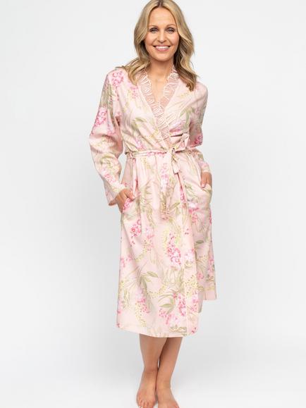 Nora Rose by Cyberjammies Sally Floral Lace Detail Midi Dressing Gown, Peach/Multi, Peach/Multi