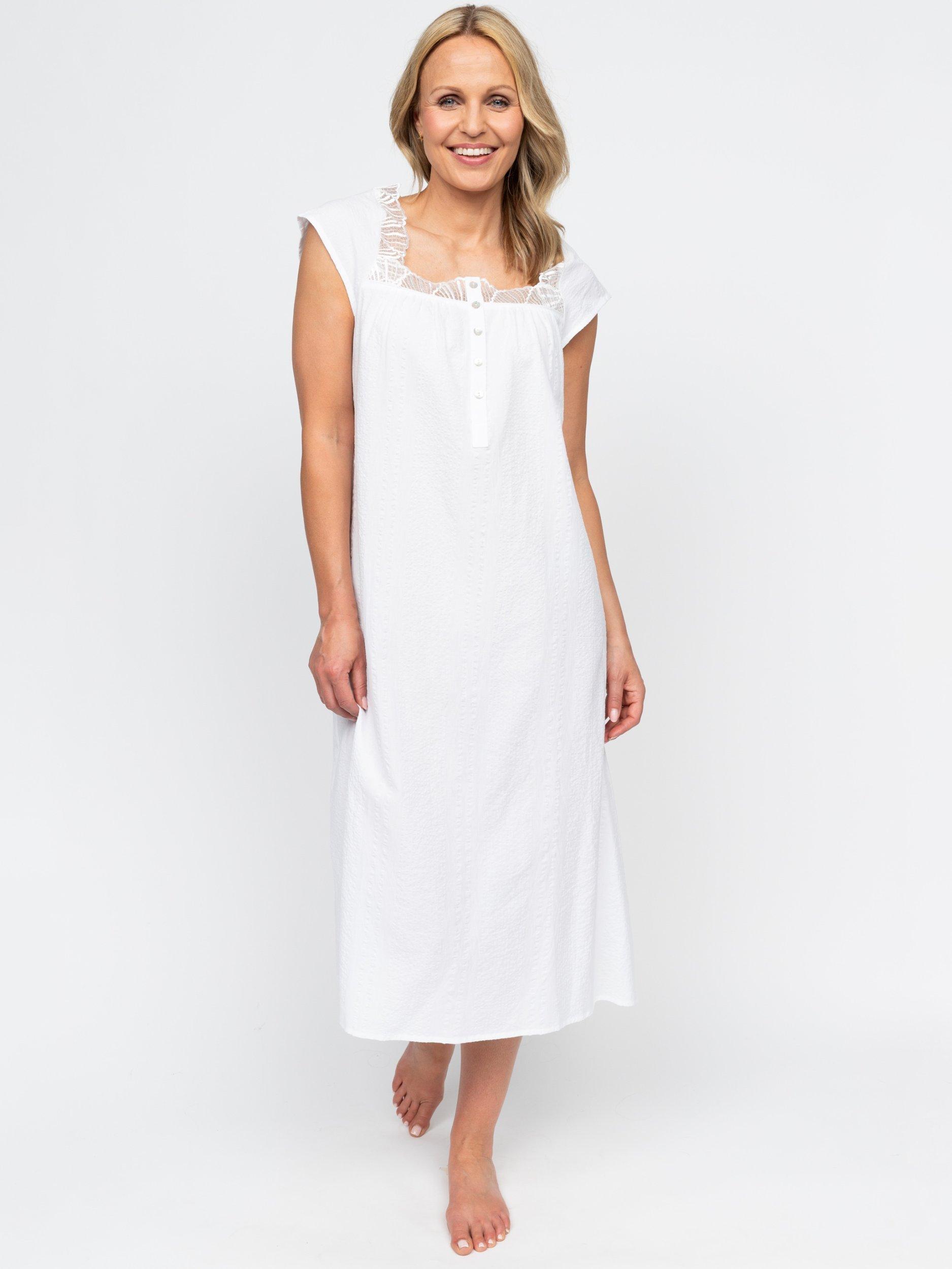 Product image 1 of 4, which shows Nora Rose by Cyberjammies Christina Seersucker Lace Trim Nightdress, White, 8