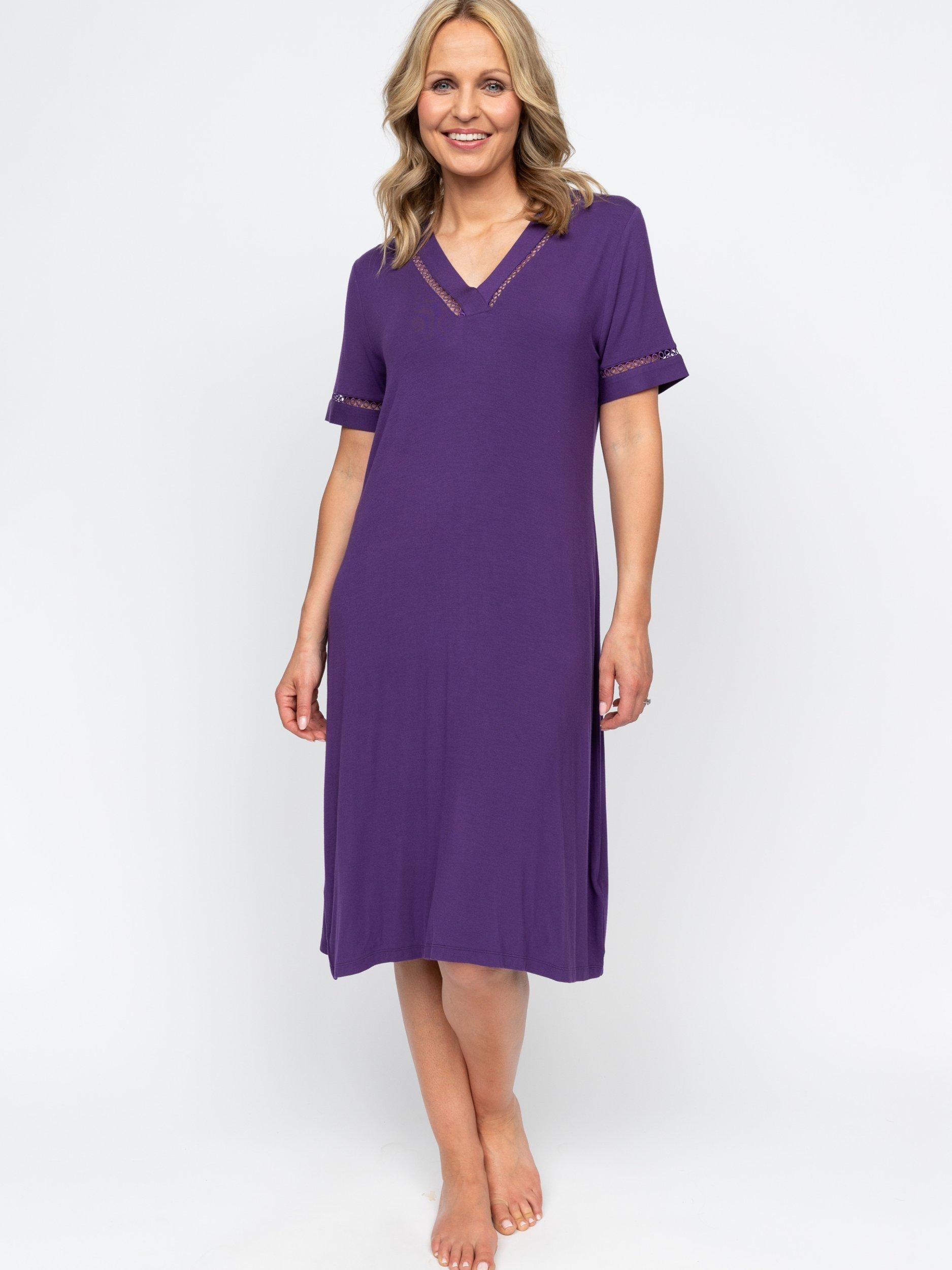 Product image 1 of 4, which shows Nora Rose by Cyberjammies Elsie Lace Insert Nightdress, Purple, 8