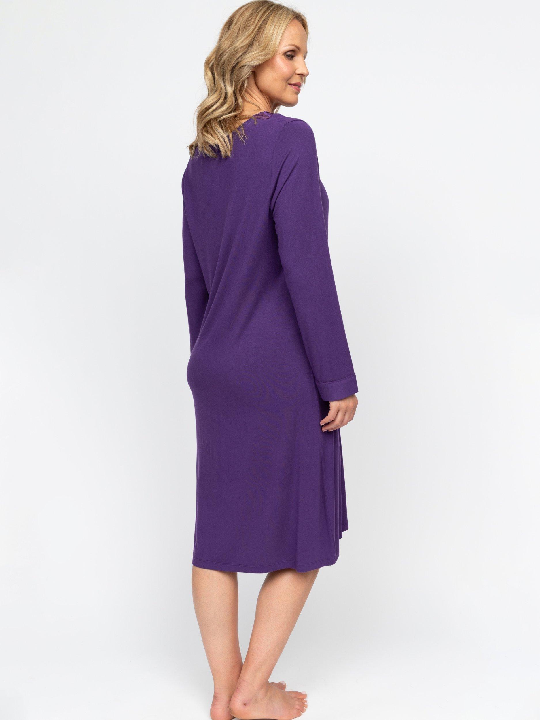 Product image 2 of 4, which shows Nora Rose by Cyberjammies Elsie Lace Detail Long Sleeve Nightdress, Purple, 8