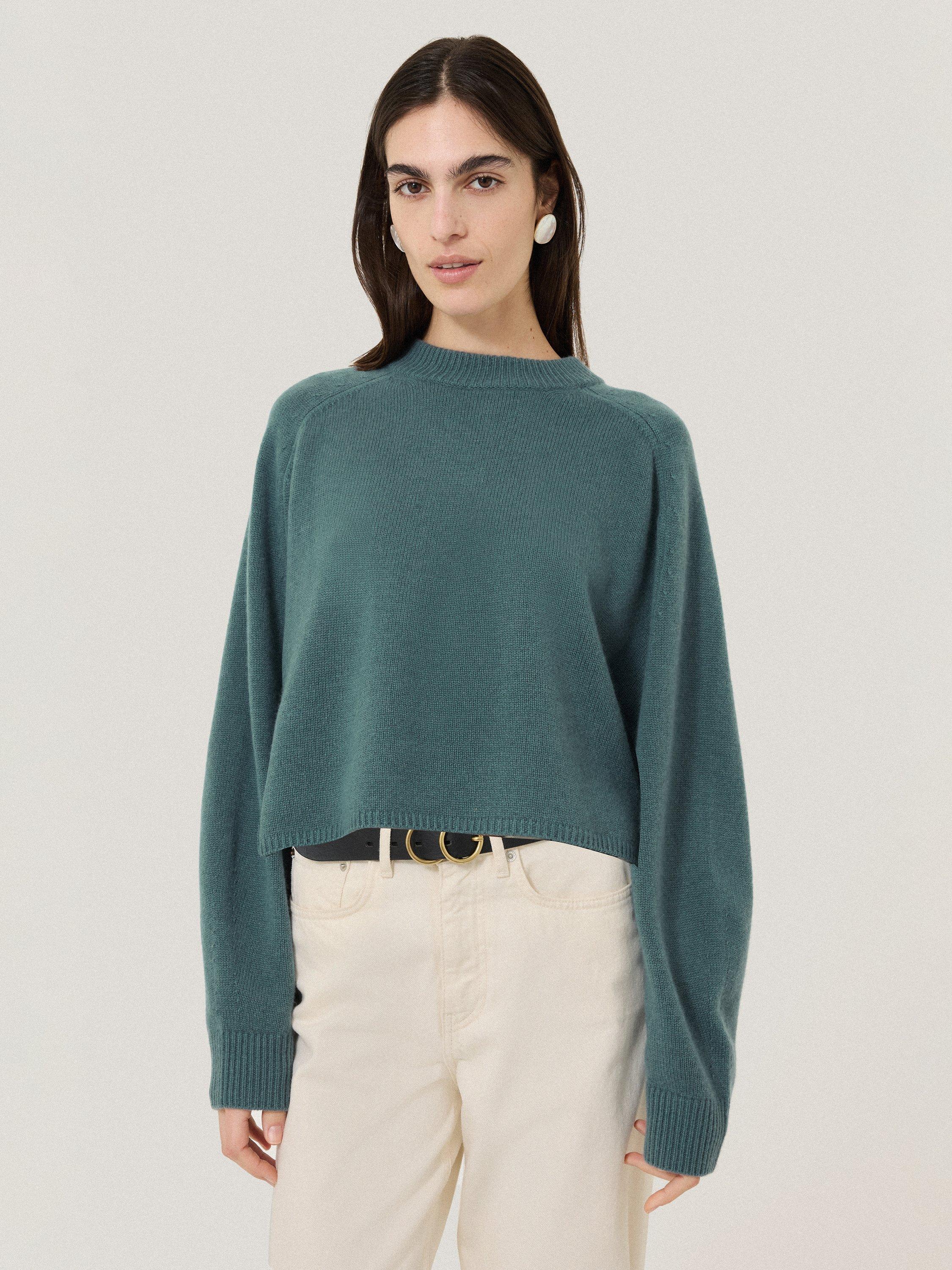 Product image 1 of 7, which shows Jigsaw Wool Rich Poncho Jumper, Blue, XS