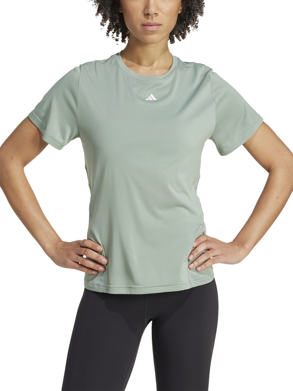 Product image 1 of 6, which shows adidas Women's Designed for Training T-Shirt, Silver Green, XS