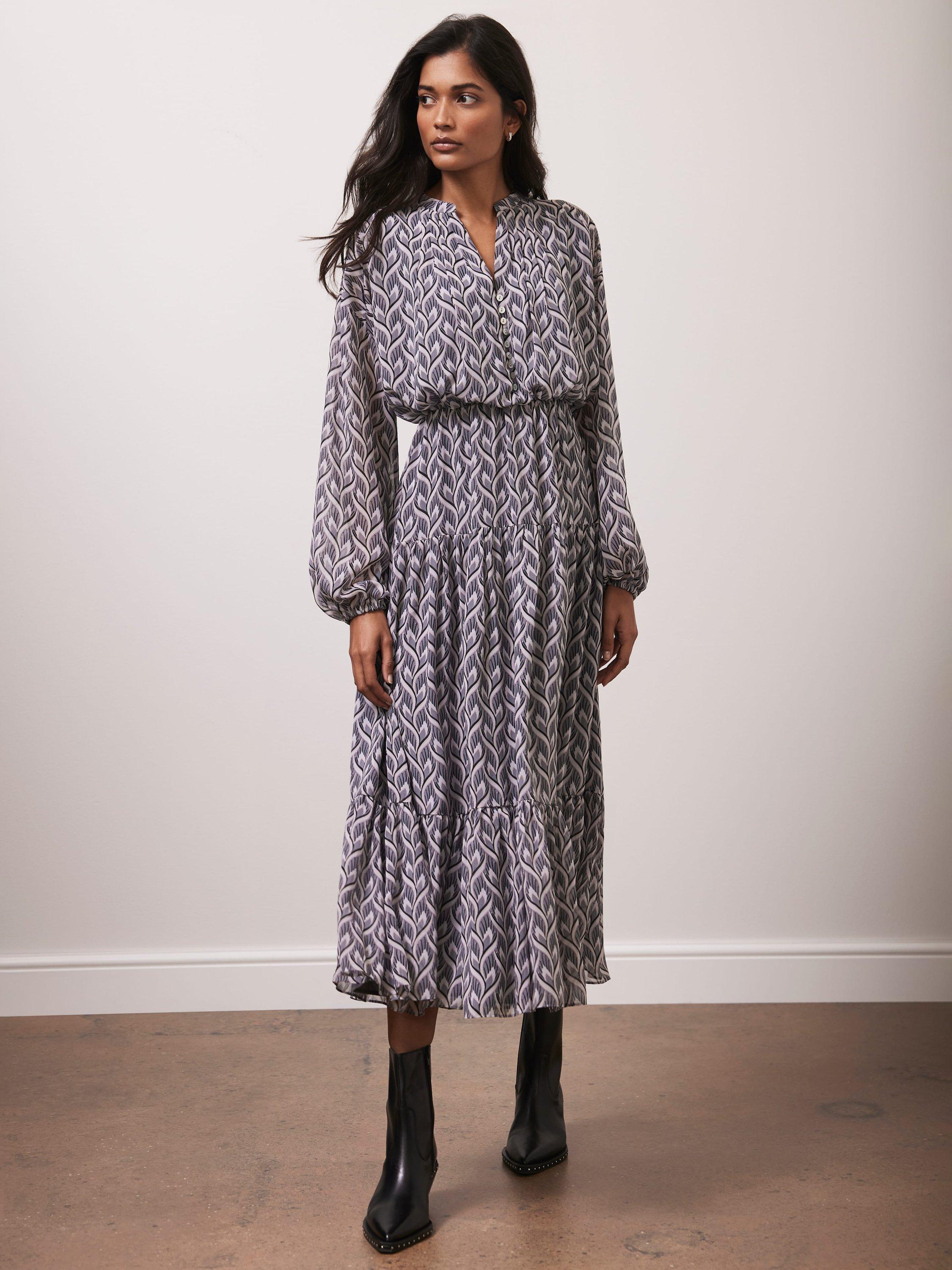 Mint Velvet Geometric Print Midi Dress, Grey/Multi