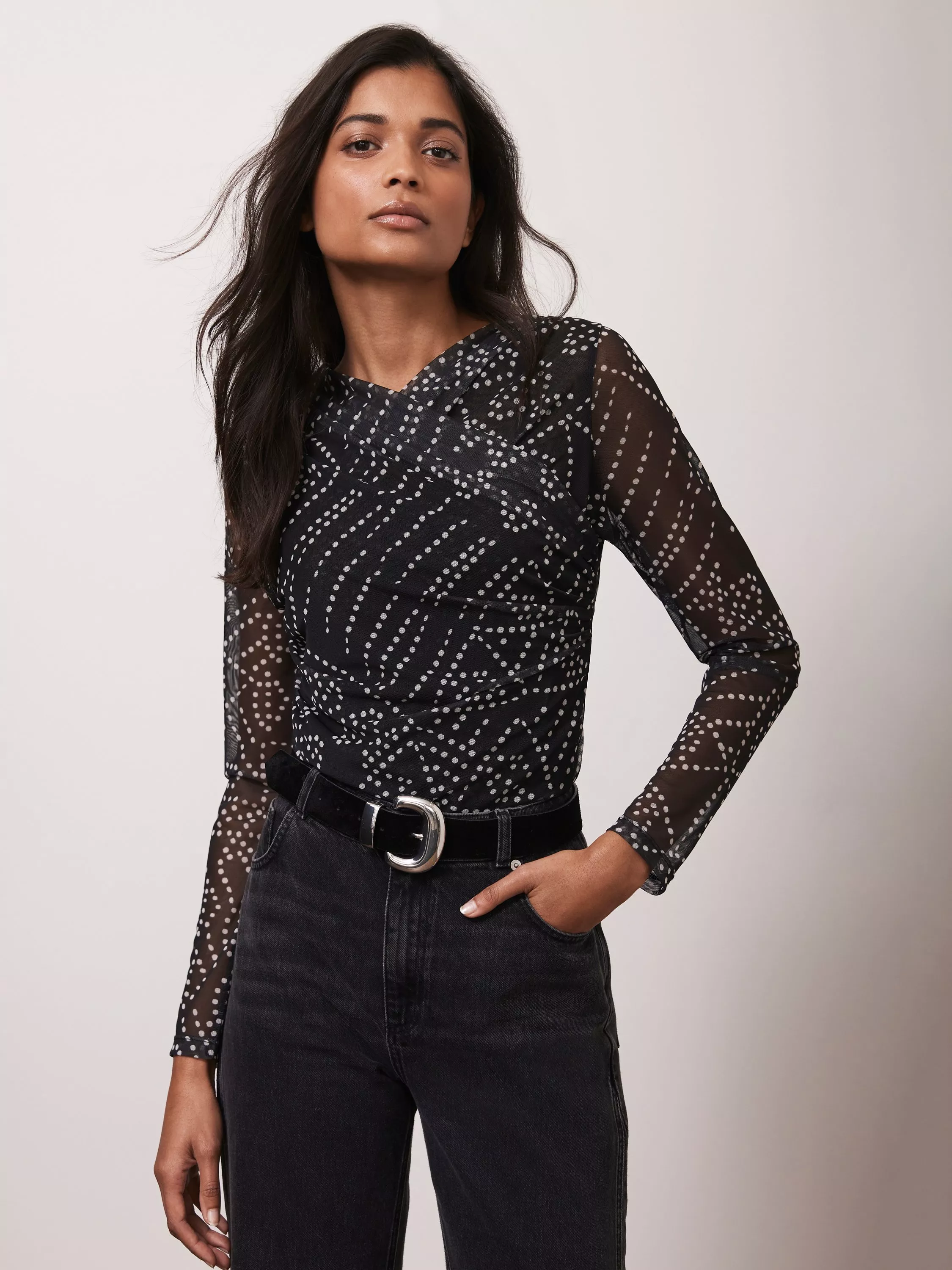 Mint Velvet Spot Print Mesh Top Black