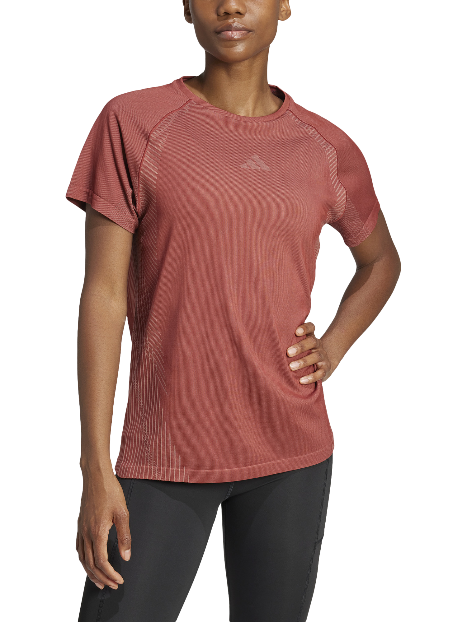 Product image 1 of 6, which shows adidas Seamless T-Shirt, Preloved Ruby/Clay, XS