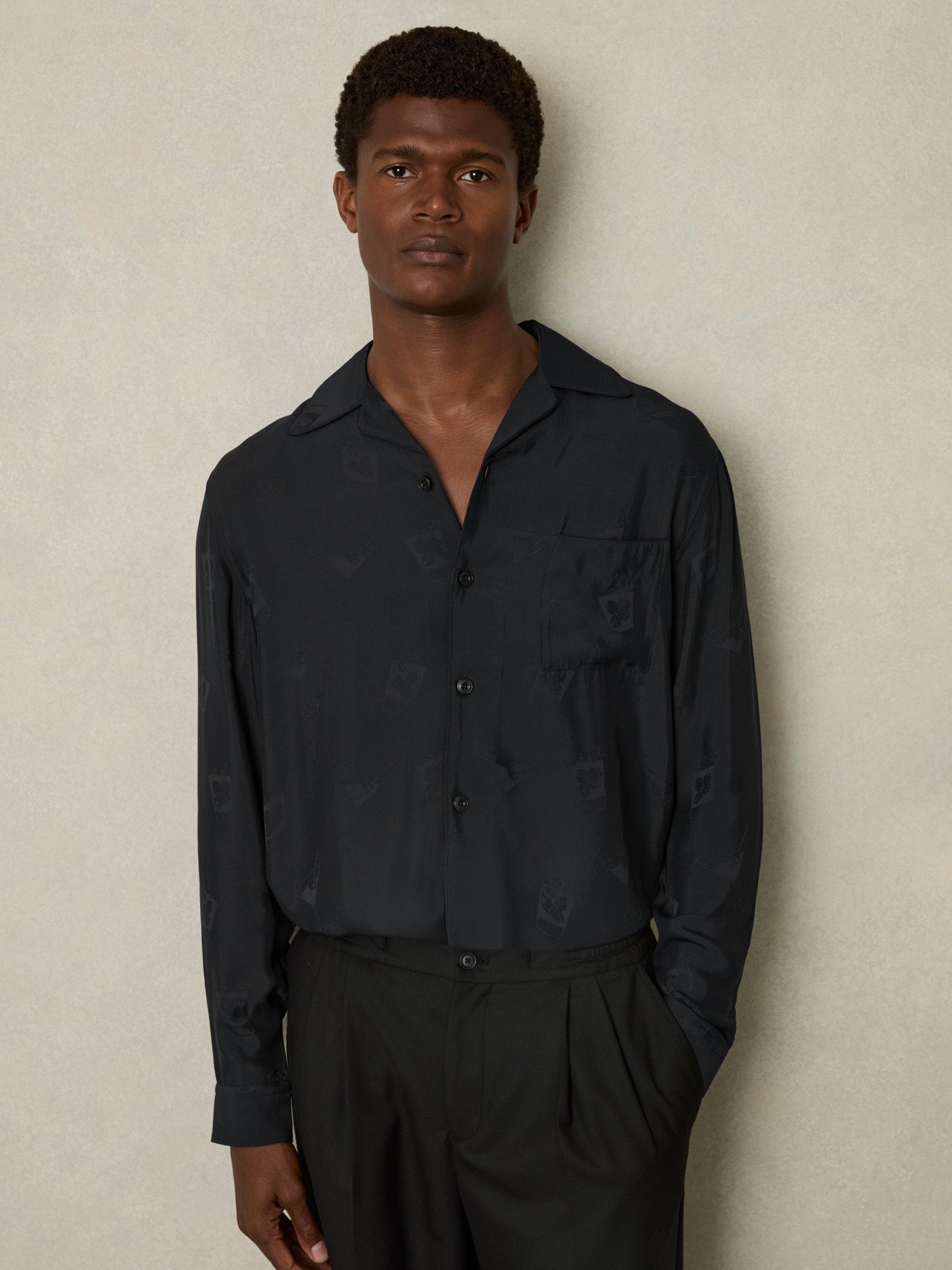 Reiss Aperitif Cocktail-Jacquard Cuban Collar Shirt, Navy