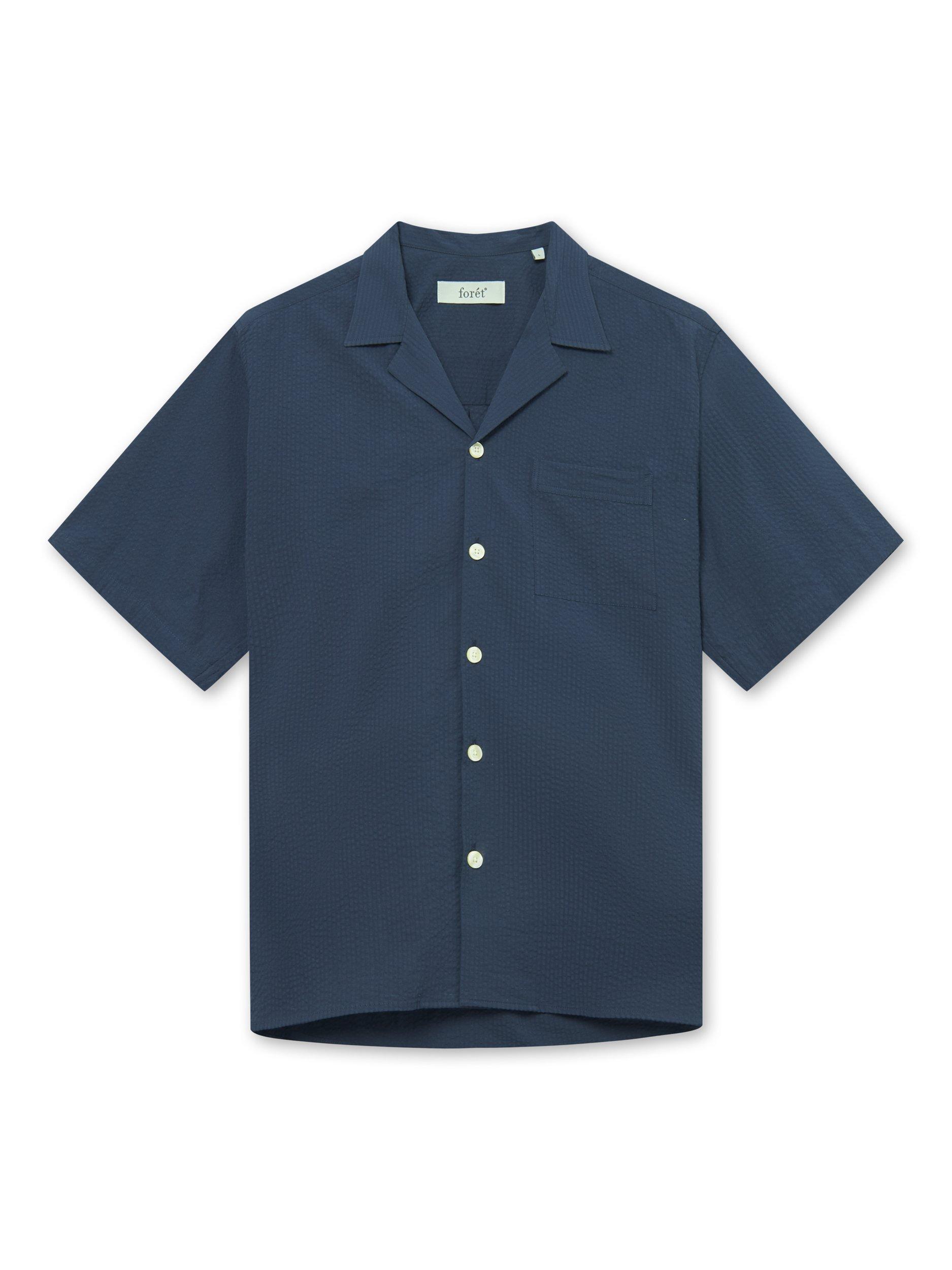 Product image 1 of 1, which shows forét Hush Organic Cotton Regular Fit Seersucker Shirt, Navy, S