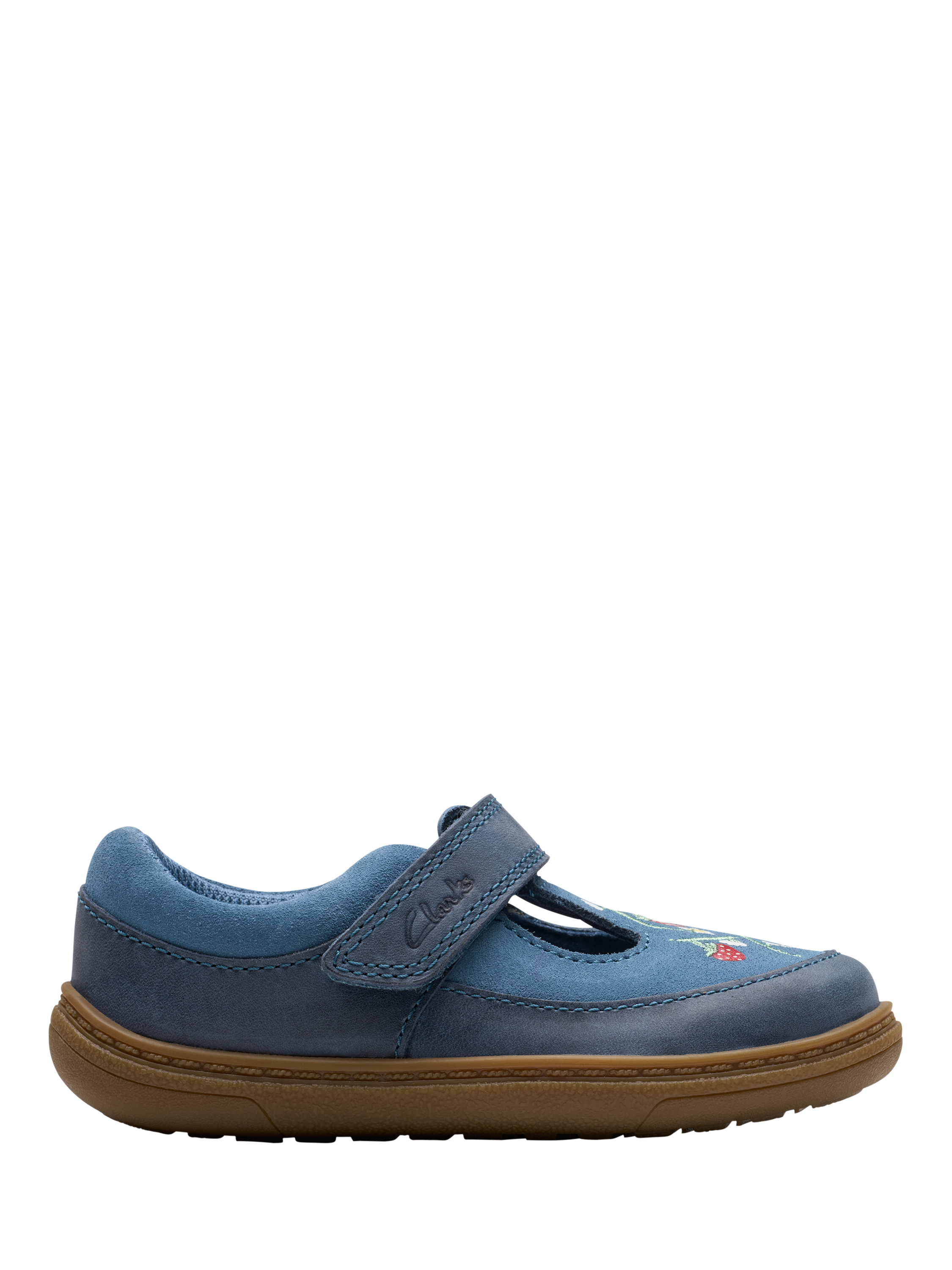 Product image 1 of 7, which shows Clarks Baby Flash Grow First Steps T-Bar Leather Shoes, Blue, 3 F Jnr