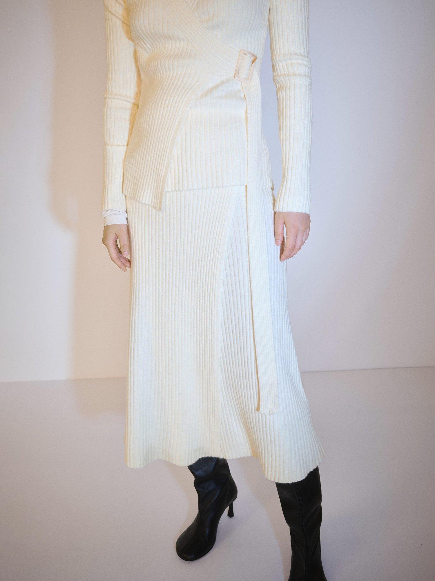 Product image 1 of 7, which shows Mango Oleg Crossover Wrap Midi Skirt, Light Beige, M
