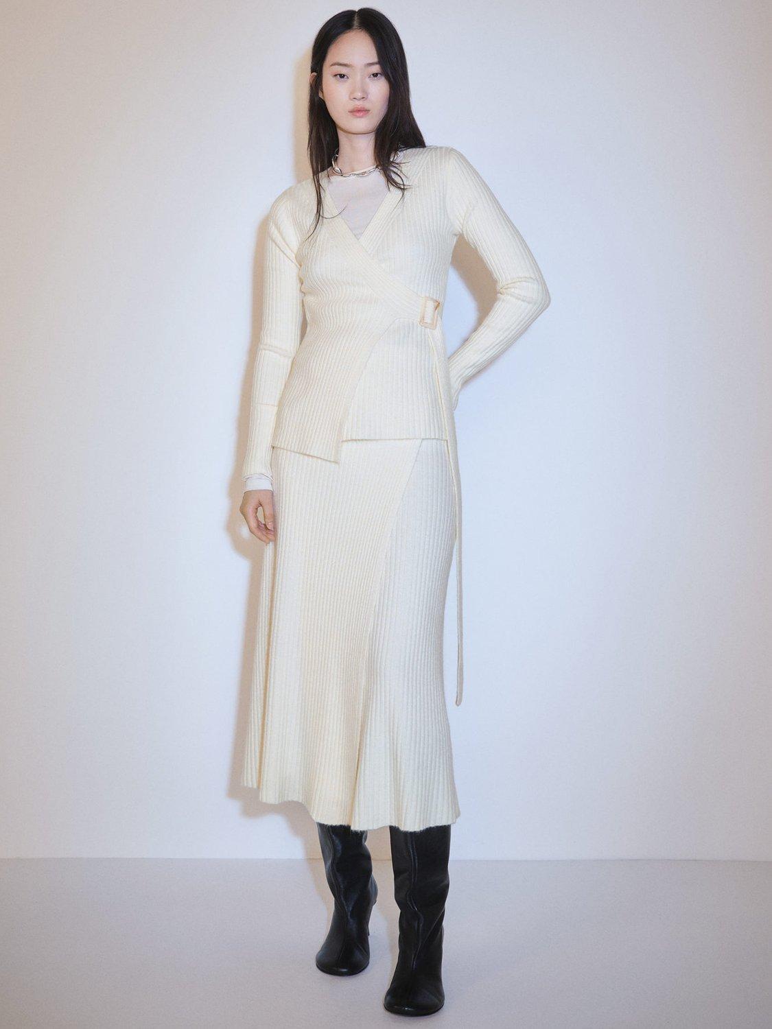 Product image 2 of 7, which shows Mango Oleg Crossover Wrap Midi Skirt, Light Beige, M