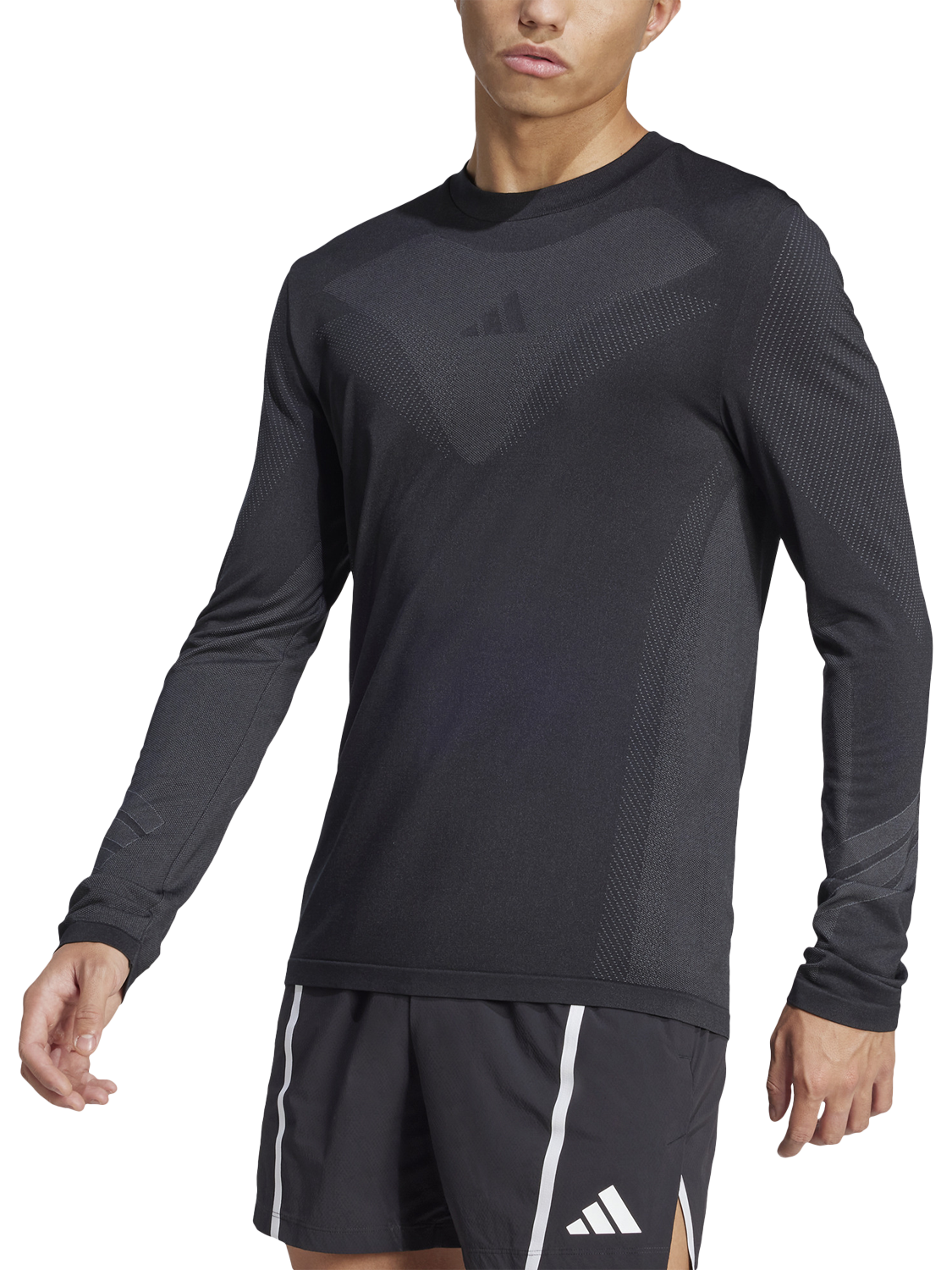 Product image 1 of 11, which shows adidas Slim Fit Seamless Long Sleeve T-Shirt, Black/Grey Six, S