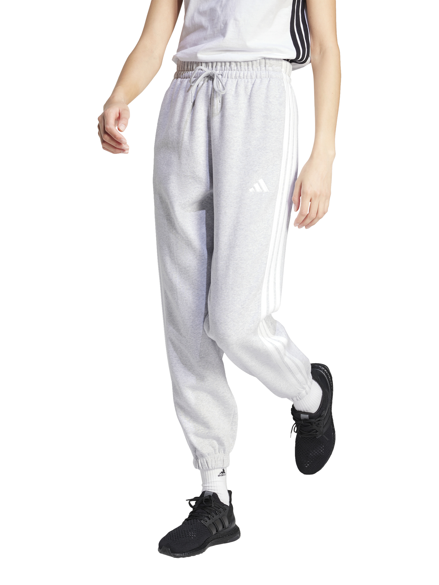Product image 1 of 6, which shows adidas Women's Essentials 3 Stripes Fleece Loose Trousers, Grey Heather/White, XS