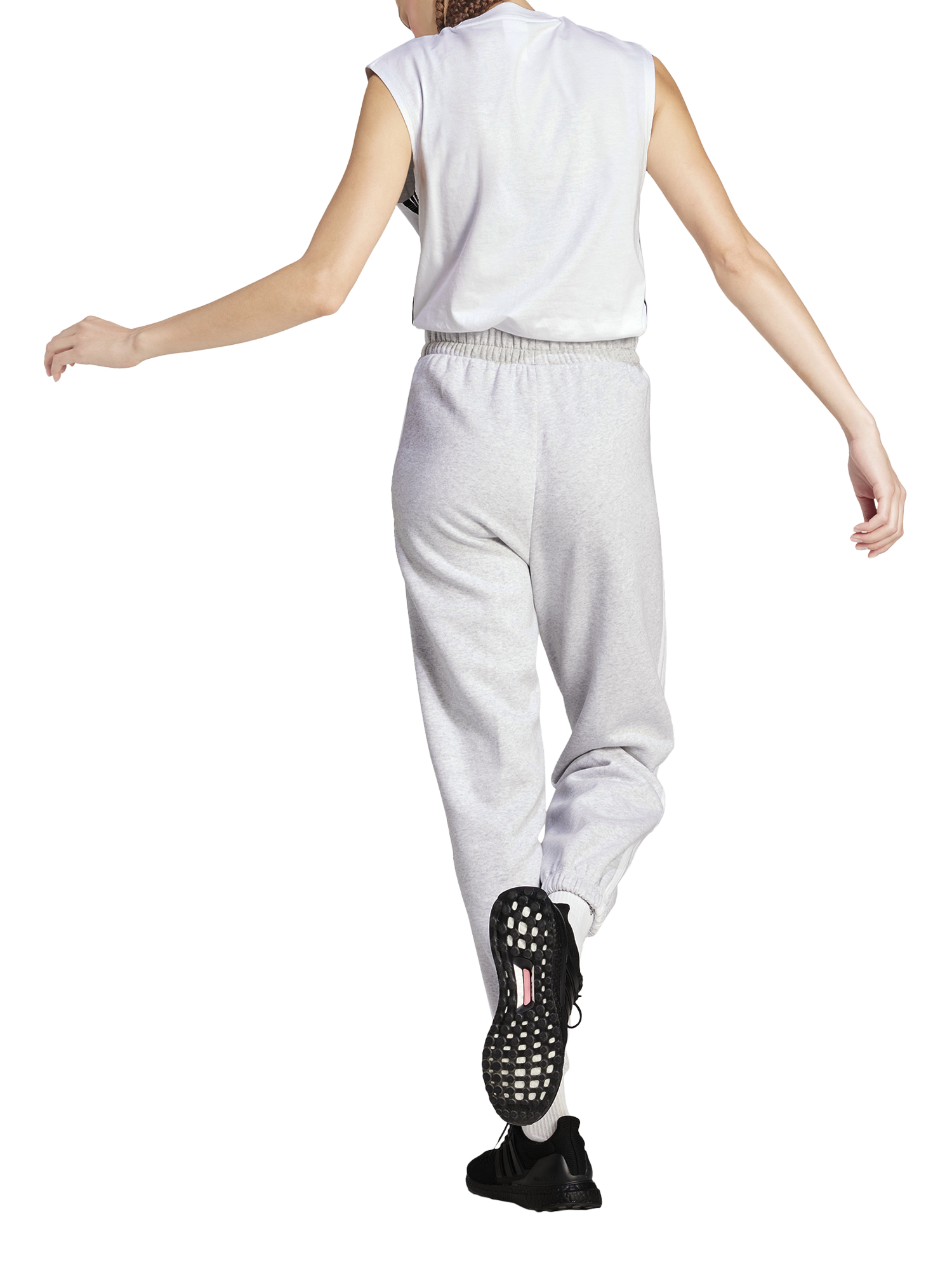 Product image 2 of 6, which shows adidas Women's Essentials 3 Stripes Fleece Loose Trousers, Grey Heather/White, XS