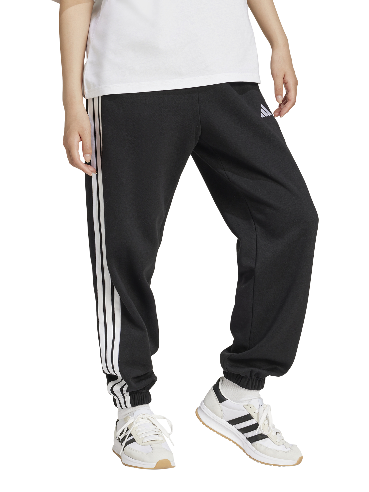 Product image 1 of 6, which shows adidas Women's Essentials 3 Stripes Fleece Loose Trousers, Black/White, XS