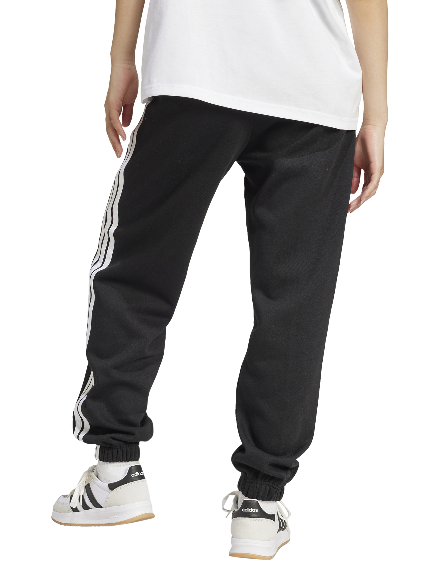 Product image 2 of 6, which shows adidas Women's Essentials 3 Stripes Fleece Loose Trousers, Black/White, XS