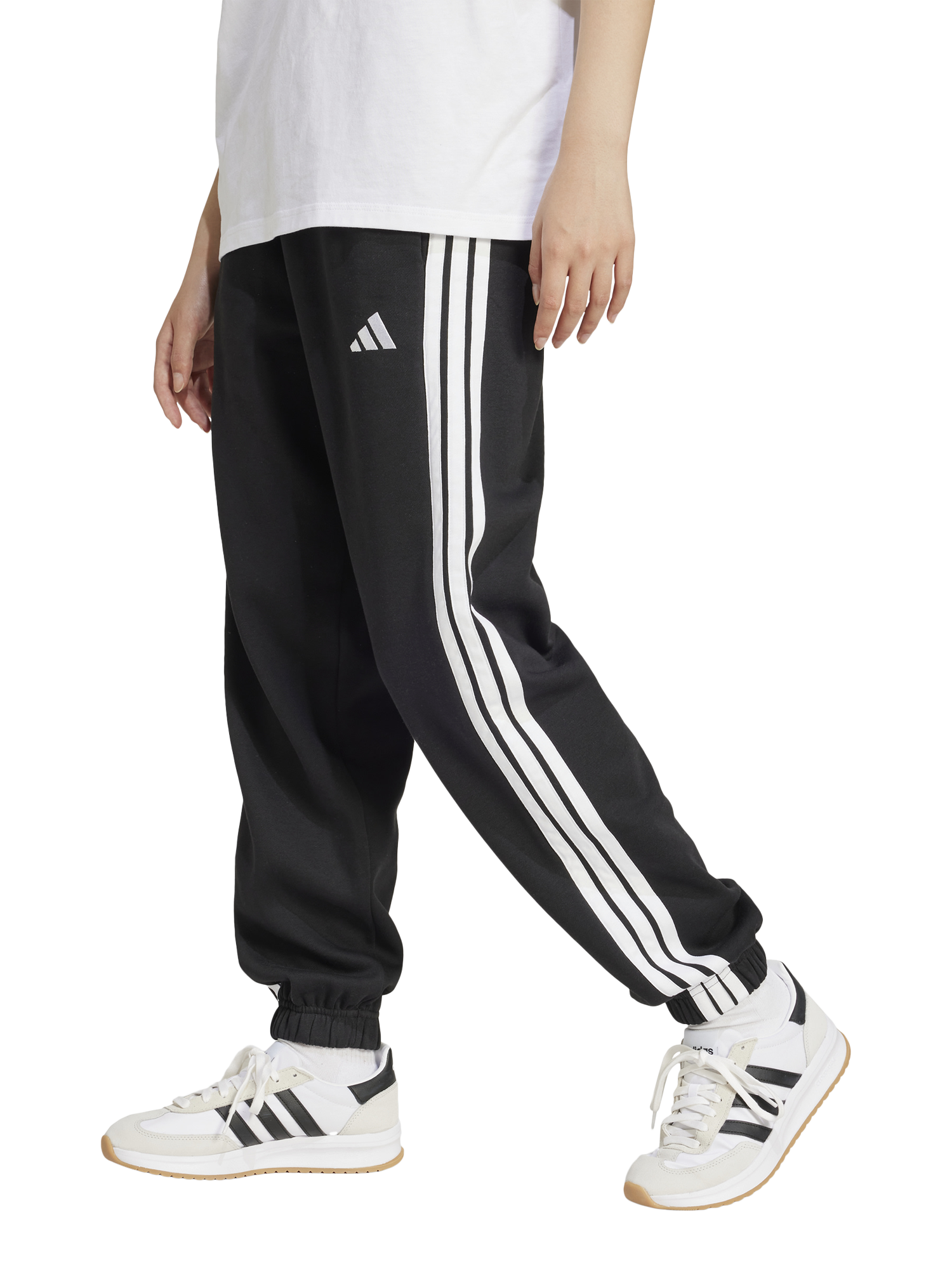 Product image 6 of 6, which shows adidas Women's Essentials 3 Stripes Fleece Loose Trousers, Black/White, XS