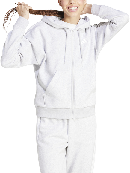 adidas Women's Essentials 3 Stripes Full Zip Fleece Hoodie, Grey Heather/White, Grey Heather/White