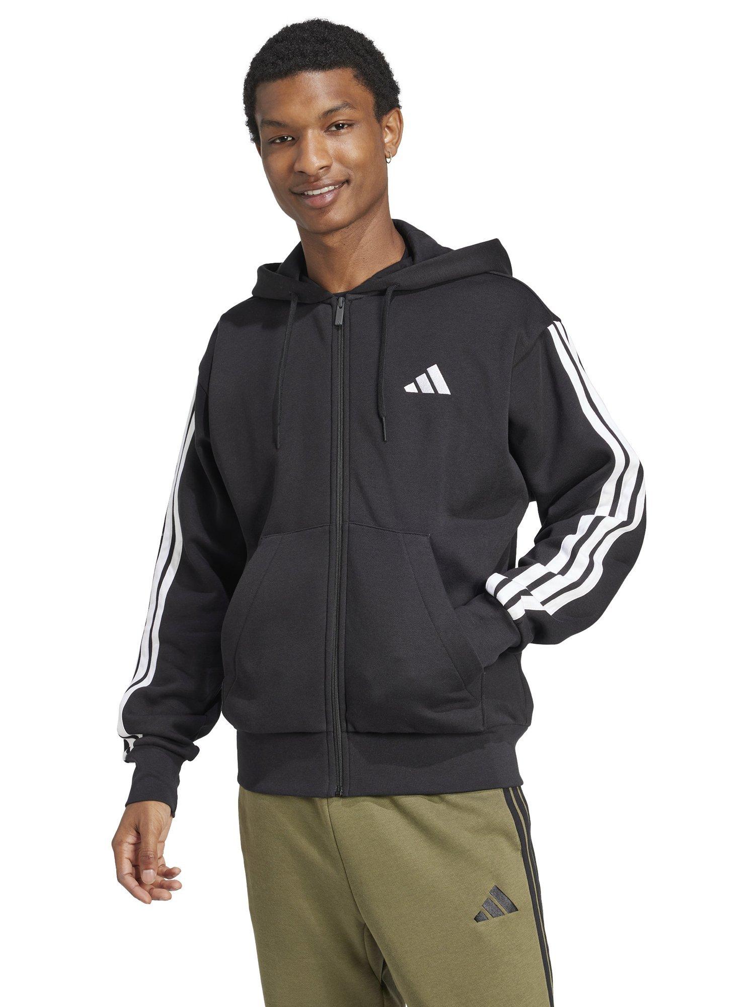 Product image 1 of 6, which shows adidas Essential Three Stripes Fleece Hoodie, Black/White, S