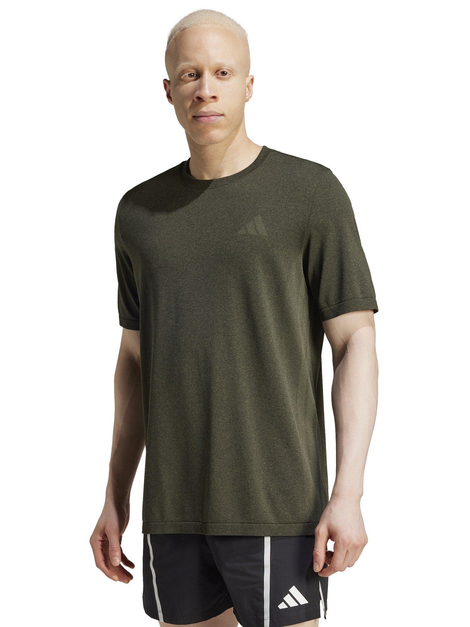 Product image 1 of 6, which shows adidas Train Essentials Structure T-Shirt, Olive Strat/Grey, M