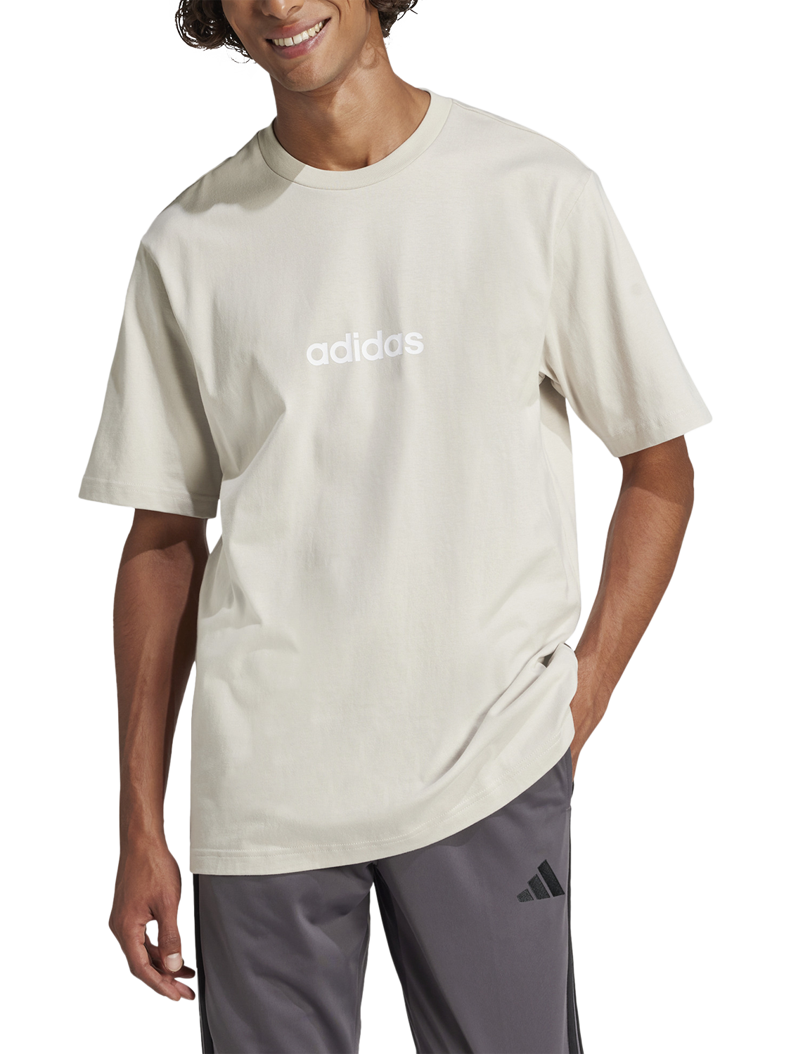 adidas Men's Essentials Linear Single Jersey T-Shirt, Alumina/White