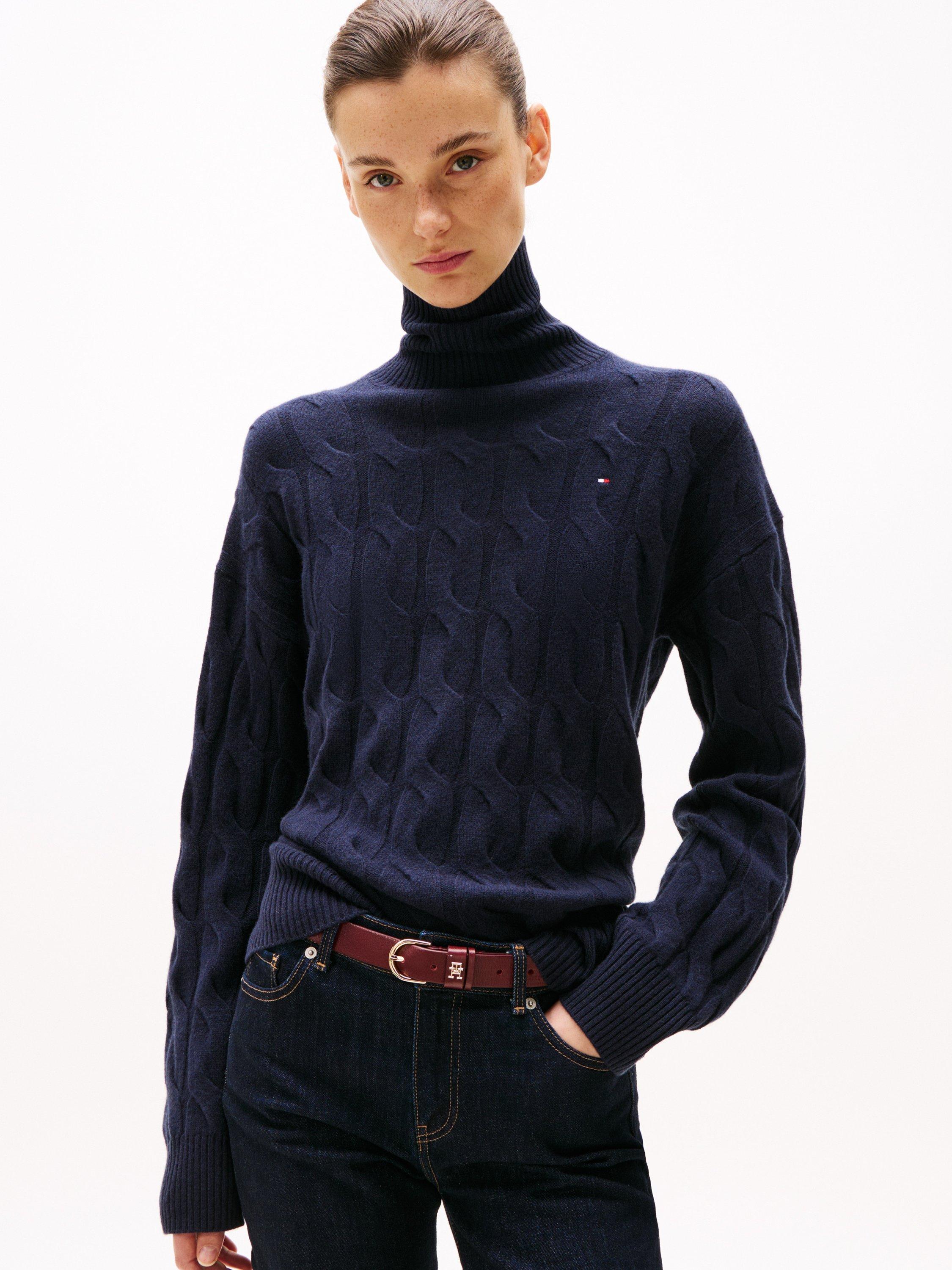 Product image 1 of 1, which shows Tommy Hilfiger Cable Knit Pure Wool Roll Neck Jumper, Desert Sky, S