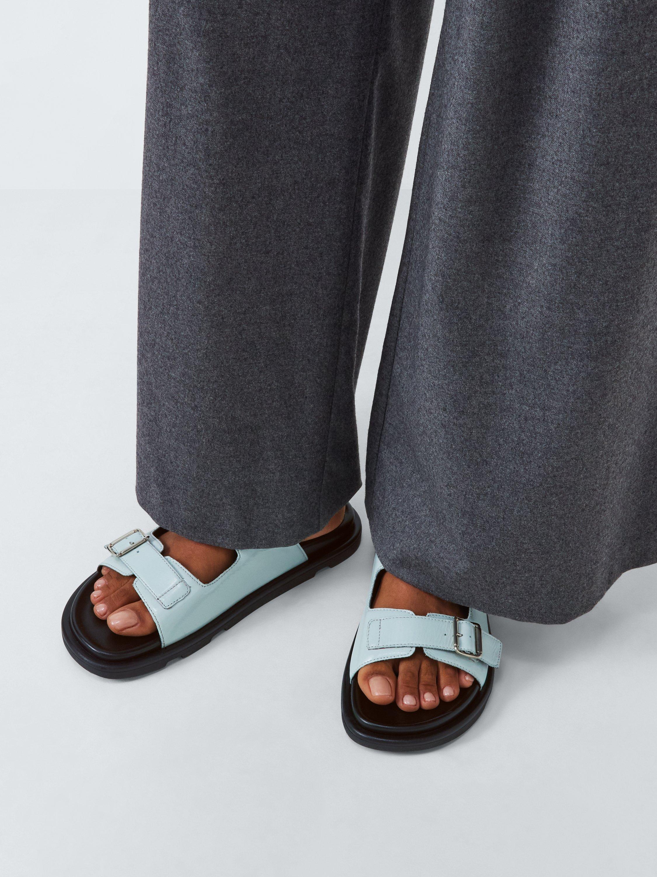Product image 2 of 6, which shows John Lewis Lou Lou Leather Footbed Strappy Sandals, Pale Blue, 3