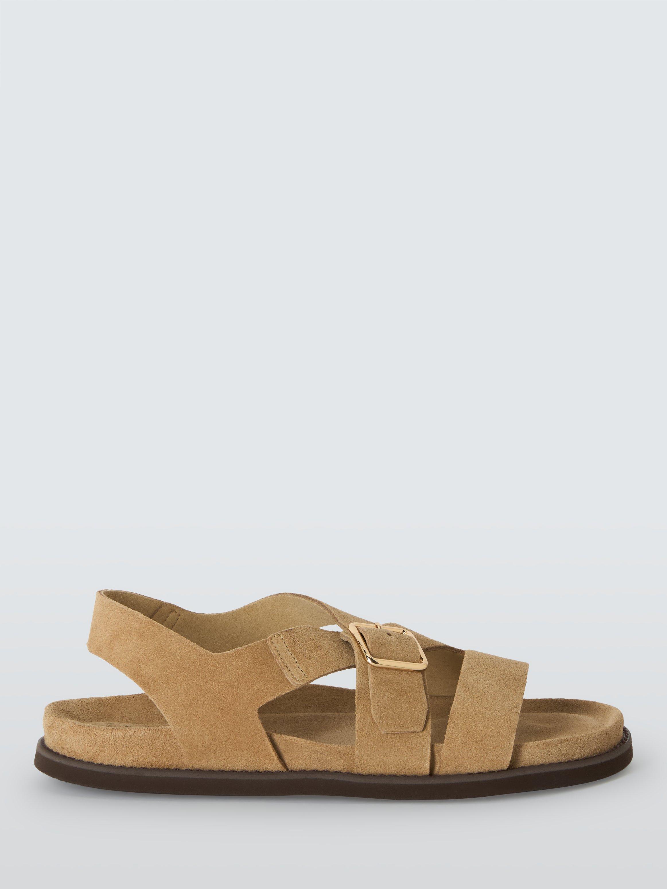 Product image 1 of 6, which shows John Lewis Lewes Suede Asymmetric Strap Footbed Buckle Sandals, Taupe, 3