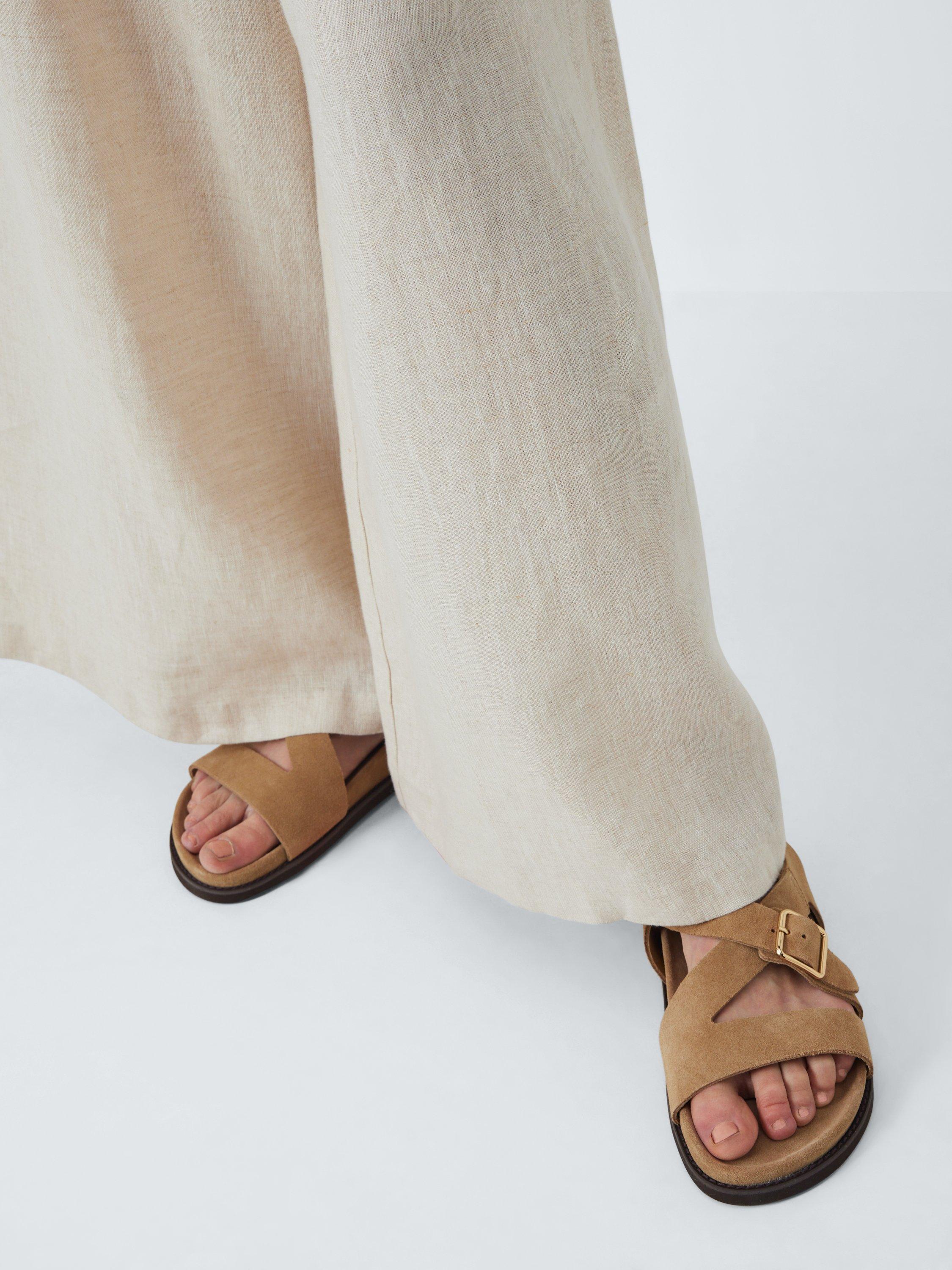 Product image 2 of 6, which shows John Lewis Lewes Suede Asymmetric Strap Footbed Buckle Sandals, Taupe, 3