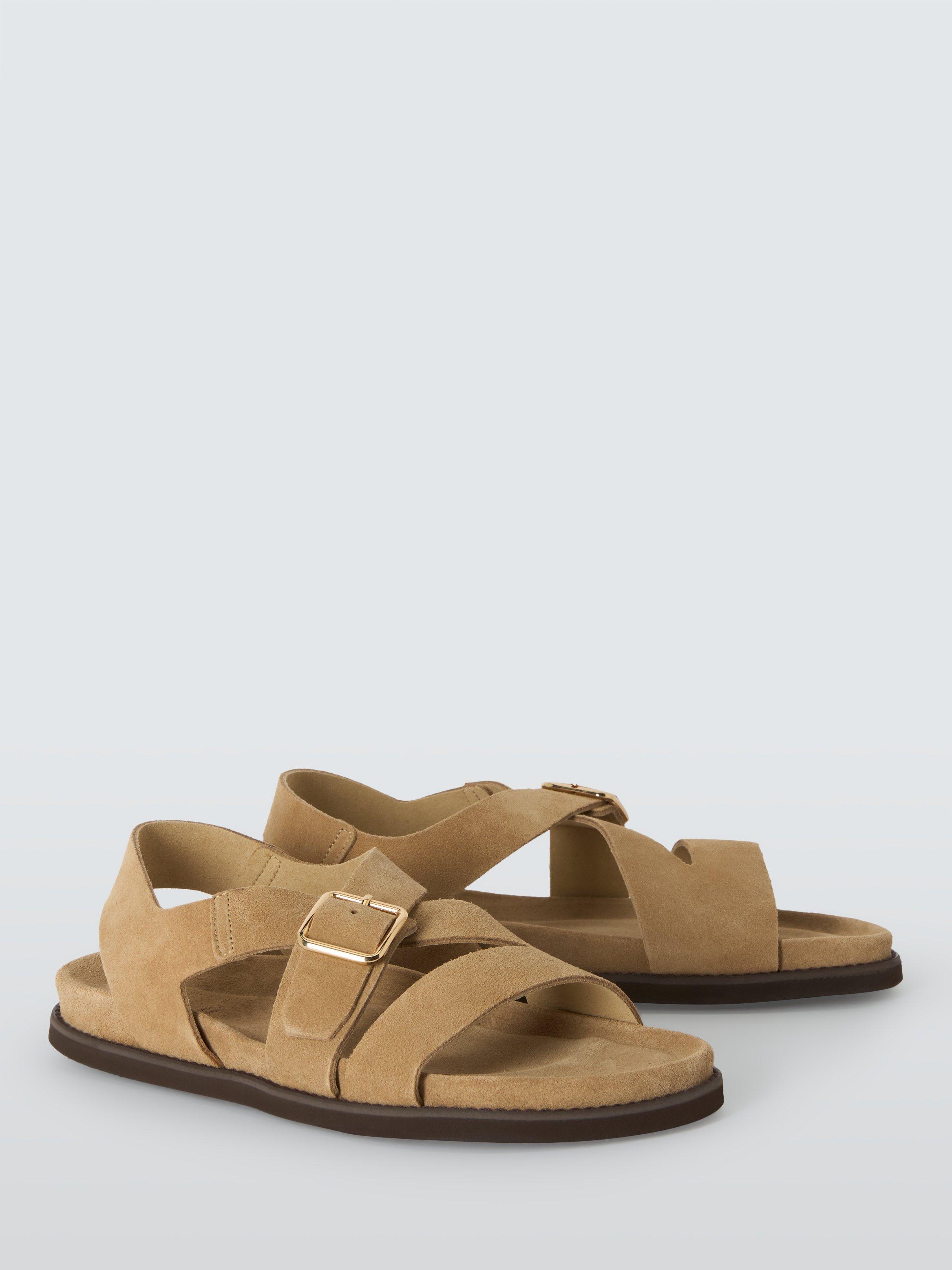 Product image 3 of 6, which shows John Lewis Lewes Suede Asymmetric Strap Footbed Buckle Sandals, Taupe, 3