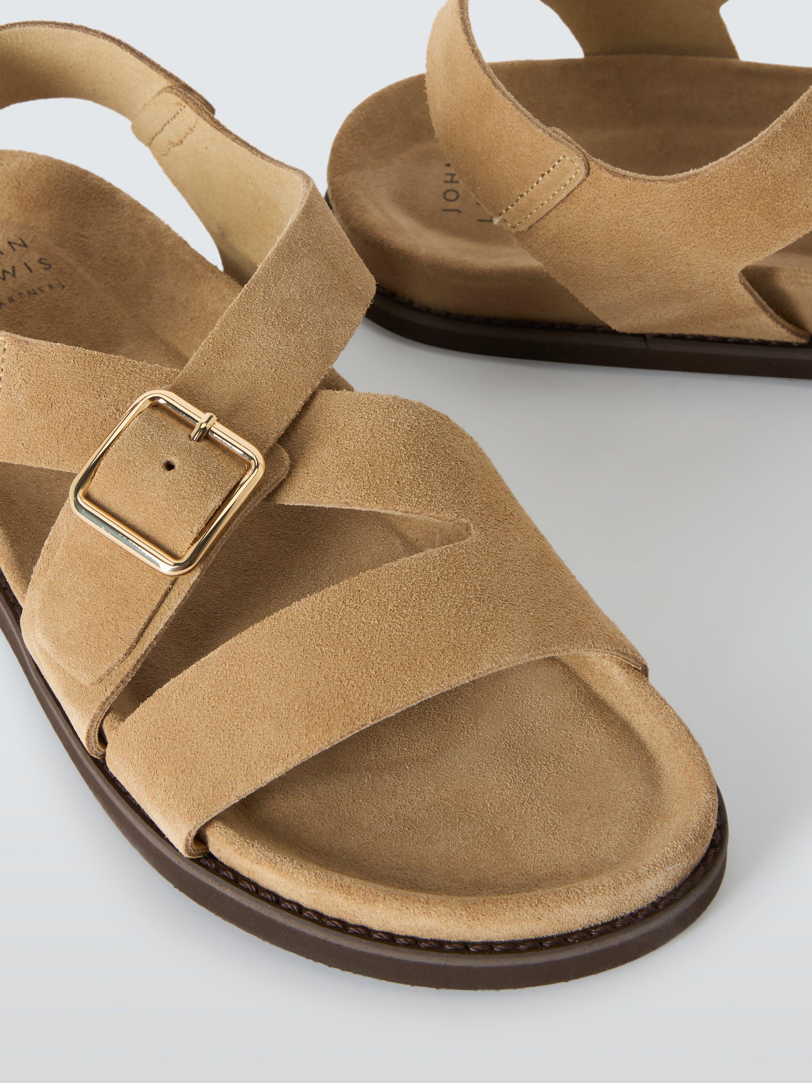 Product image 4 of 6, which shows John Lewis Lewes Suede Asymmetric Strap Footbed Buckle Sandals, Taupe, 3