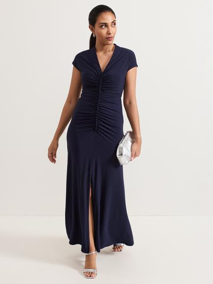 Phase Eight Petite Daisy Ruched Maxi Dress, Navy, Navy