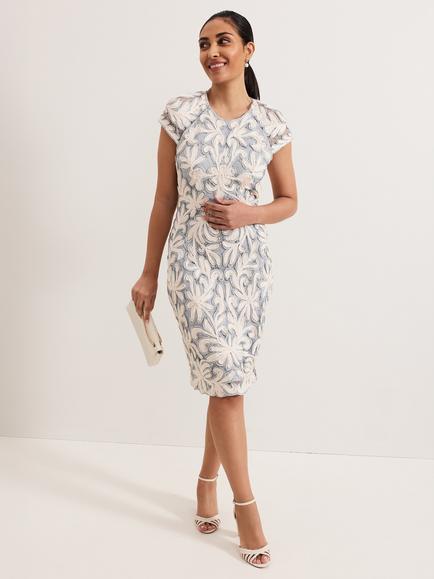Phase Eight Petite Karima Tapework Lace Dress, Light Blue/White, Light Blue/White