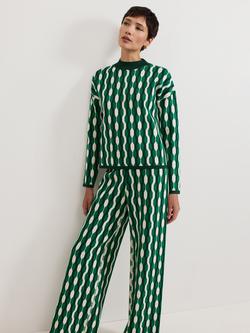 Phase Eight Payton Geometric Knit Top, Green/White, Green/White