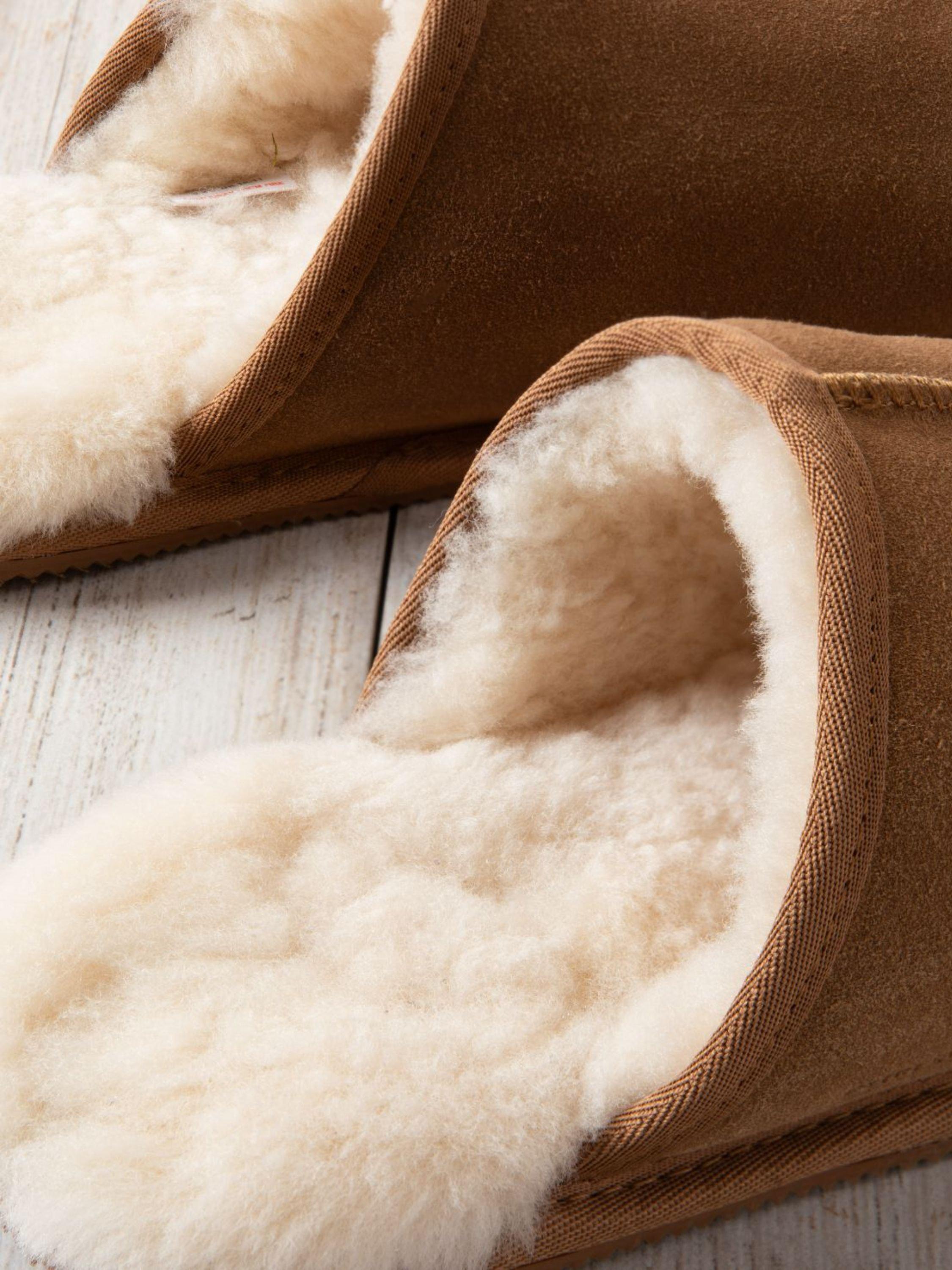Product image 4 of 5, which shows Chelsea Peers Suede Sheepskin Mule Slippers, Camel, XS