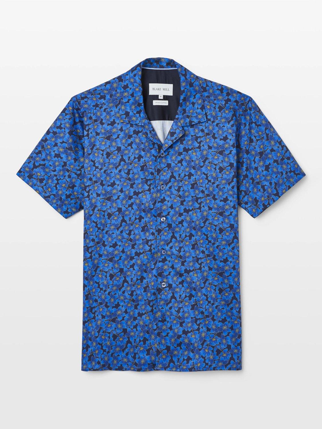 Product image 2 of 5, which shows Blake Mill Flowers Under Moonlight Open Collar Shirt, Blue, S