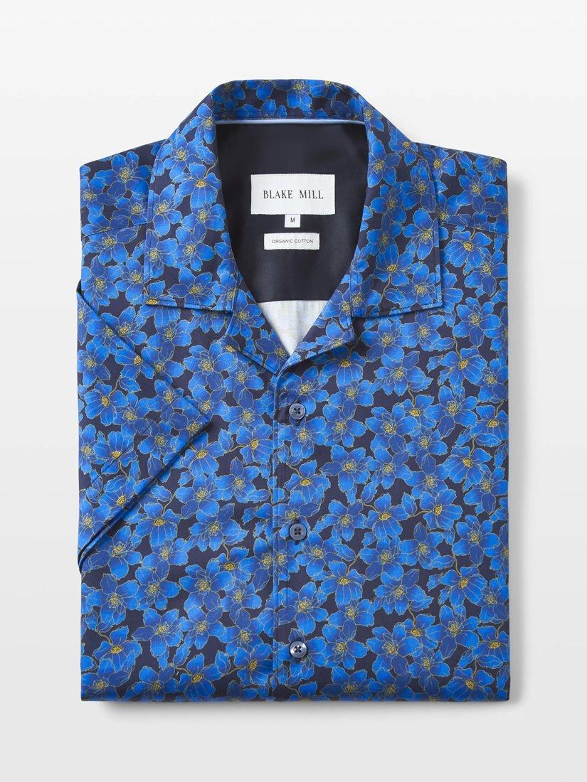 Product image 3 of 5, which shows Blake Mill Flowers Under Moonlight Open Collar Shirt, Blue, S