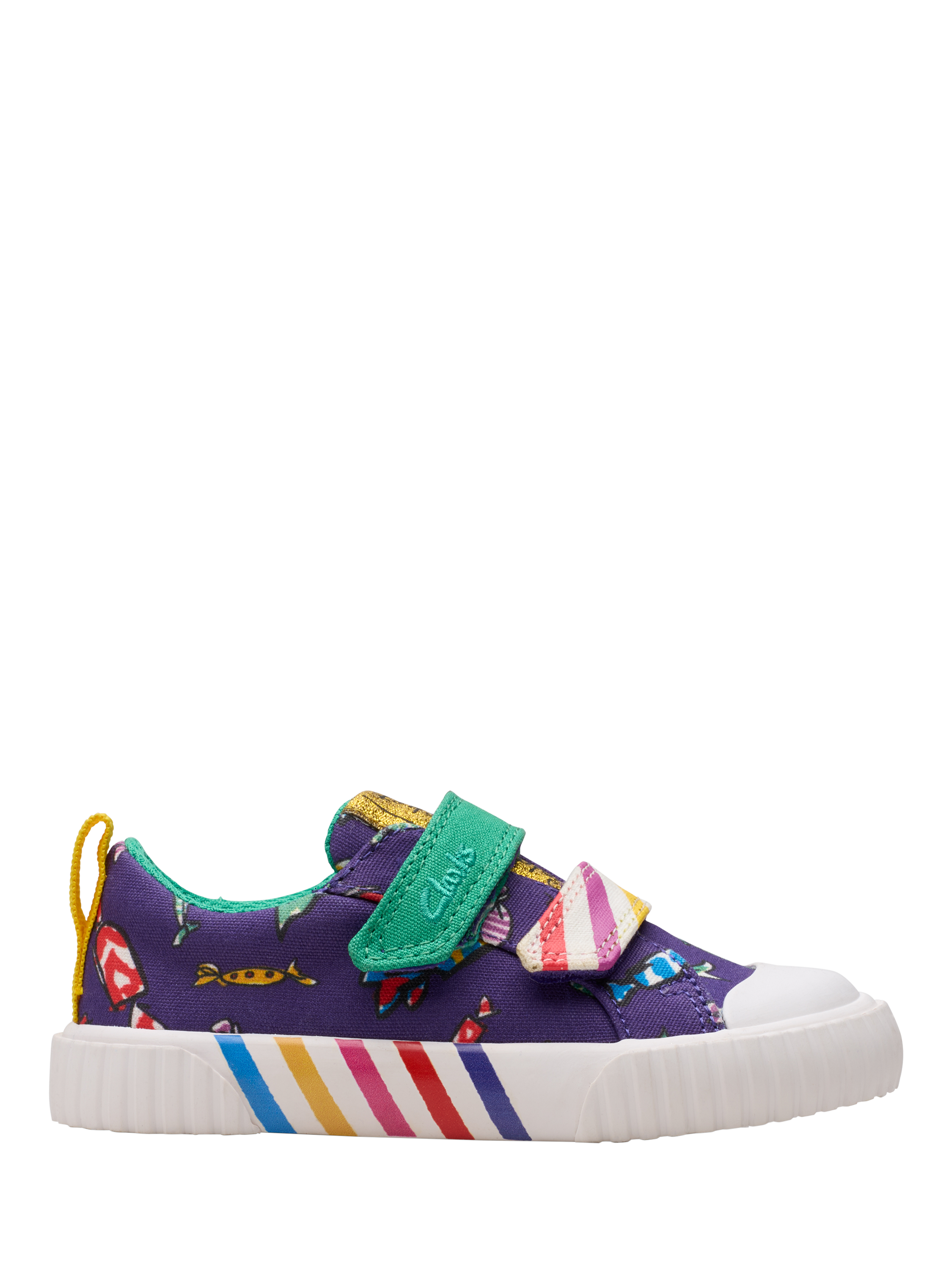 Product image 1 of 7, which shows Clarks Kids' Foxing Mix Charlie & The Chocolate Factory Trainers, Purple Canvas, 4 G Jnr