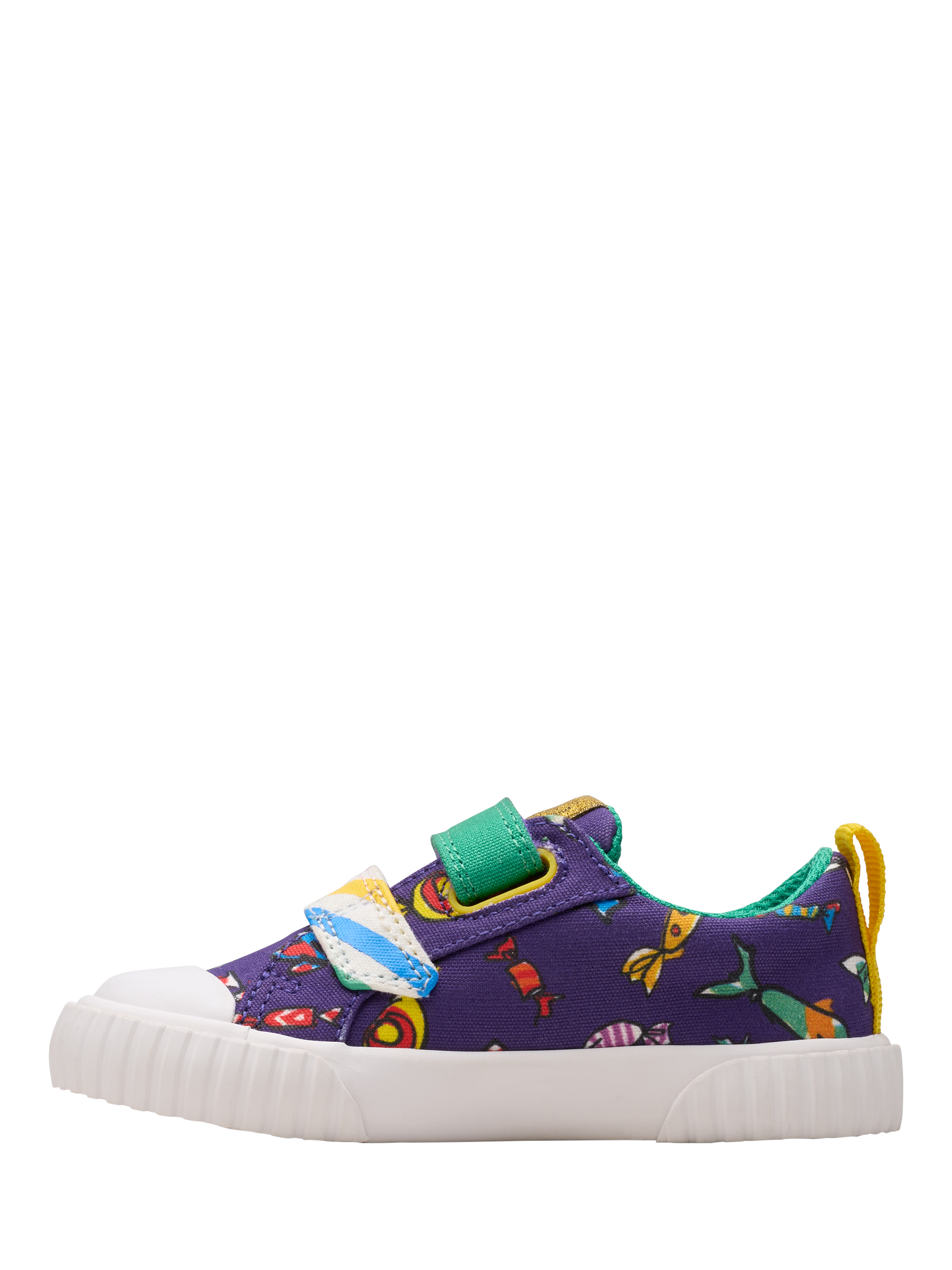 Product image 2 of 7, which shows Clarks Kids' Foxing Mix Charlie & The Chocolate Factory Trainers, Purple Canvas, 4 G Jnr