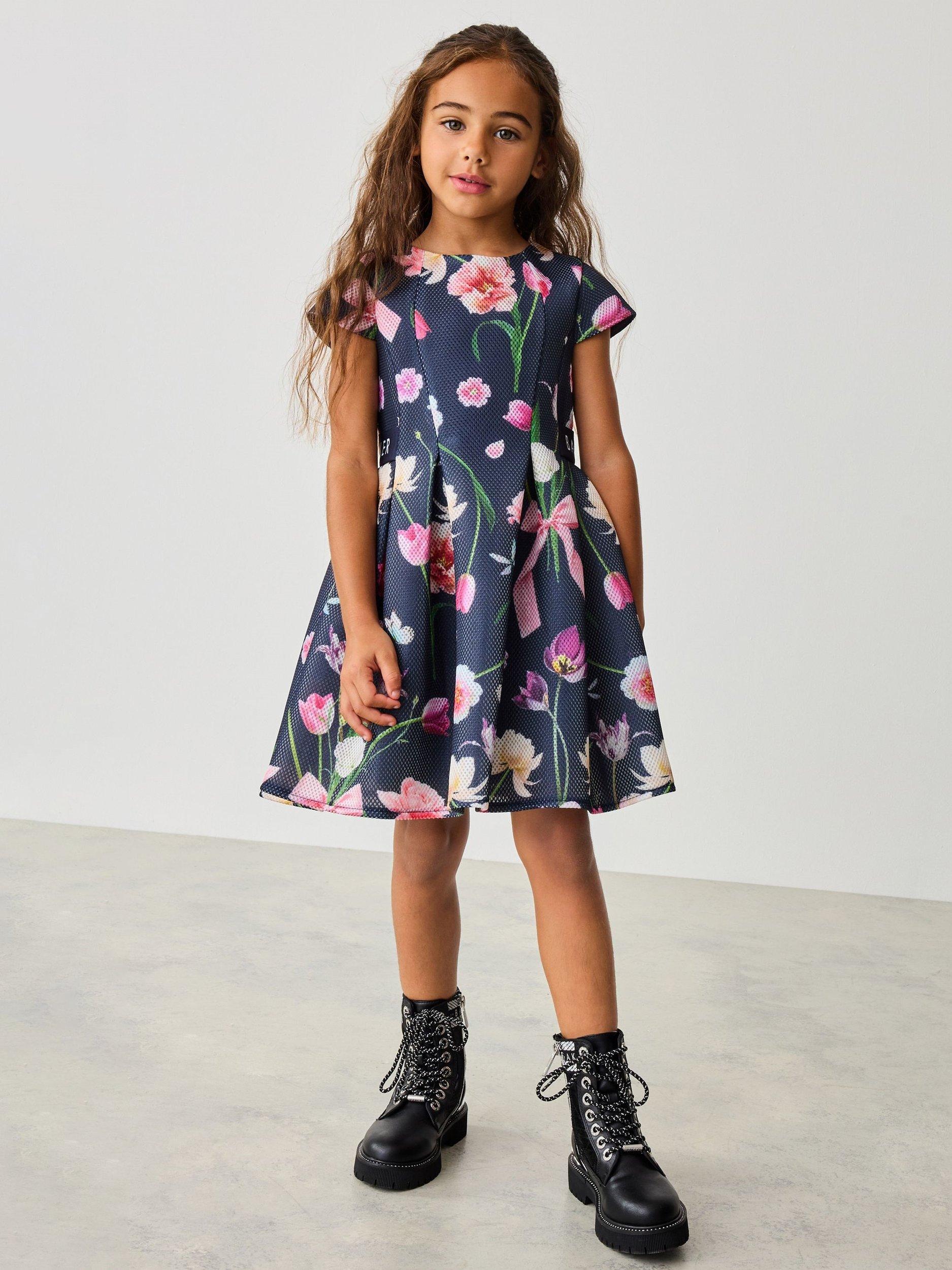Product image 1 of 8, which shows Ted Baker Kids' Textured Scuba Floral Dress, Navy, 12-18 months