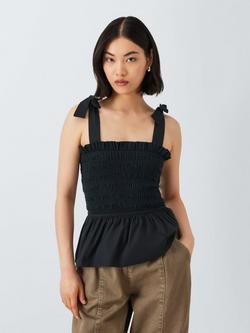 John Lewis ANYDAY Shirred Tie Shoulder Top, Black, Black