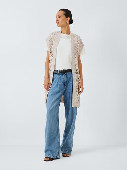 AND/OR Crochet Knit Longline Sleeveless Cardigan, Natural, Natural