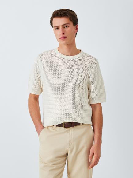 John Lewis Short Sleeve Open Knit Cotton T-Shirt, Egret, Egret