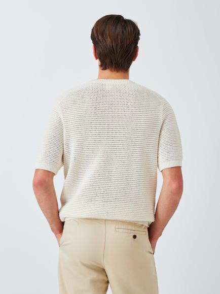 John Lewis Short Sleeve Open Knit Cotton T-Shirt, Egret - view 2, Egret