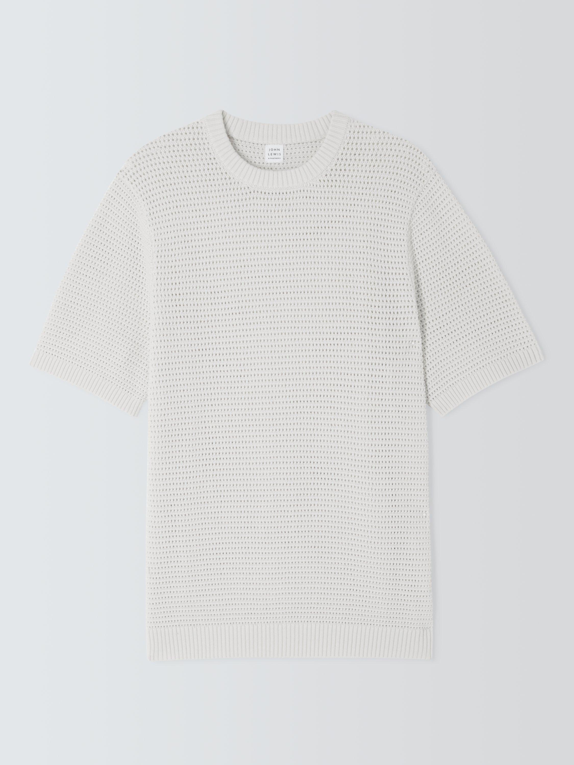 Product image 5 of 6, which shows John Lewis Short Sleeve Open Knit Cotton T-Shirt, Egret, S
