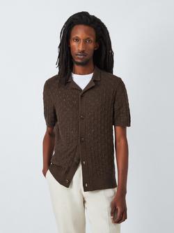 John Lewis Cotton & Linen Blend Revere Collar Button-Through Knitted Shirt, Chocolate Brown, Chocolate Brown